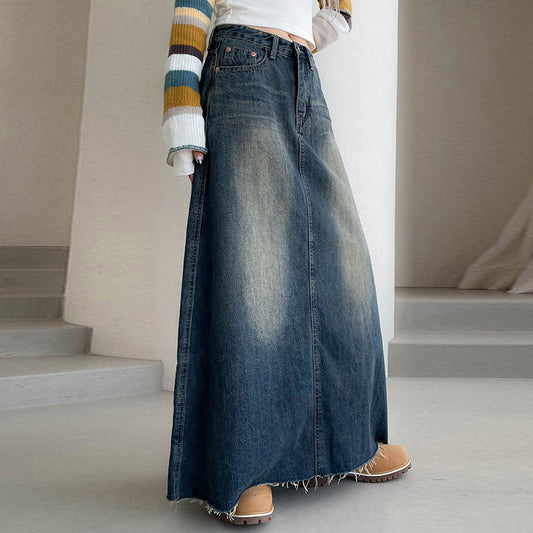 Women's Retro Denim Washed Distressed Pocket Frayed Skirts