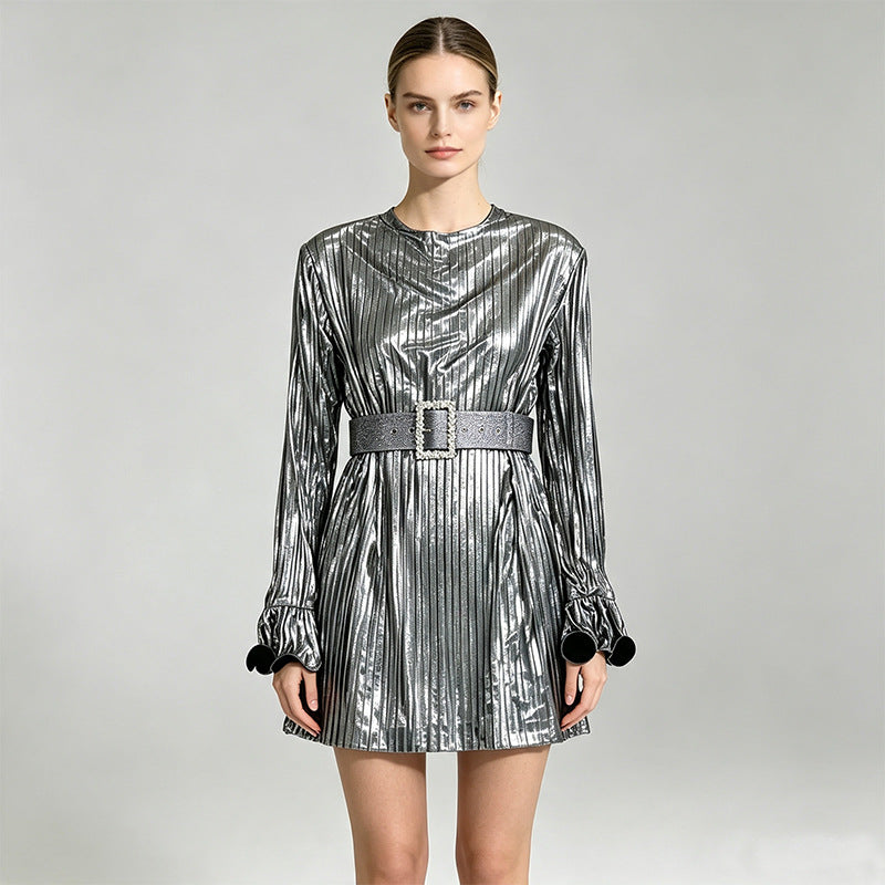Trendy Unique Belt Shiny Pleated Ultra Shorts