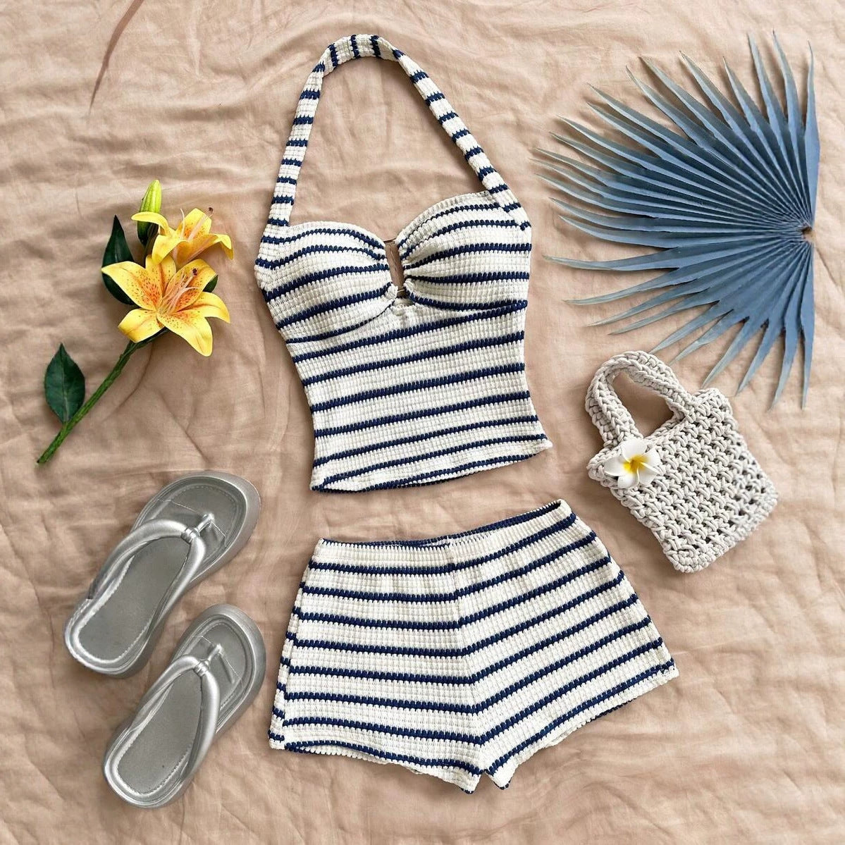 Women's Summer Vacation Striped Knitted Textured Fashion Casual Suit