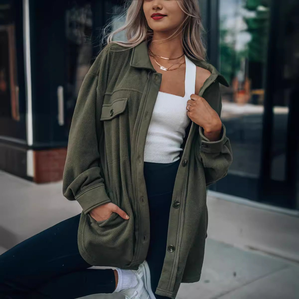 Women's Fashion Long Sleeve Single-breasted Fleece Shirt Coats