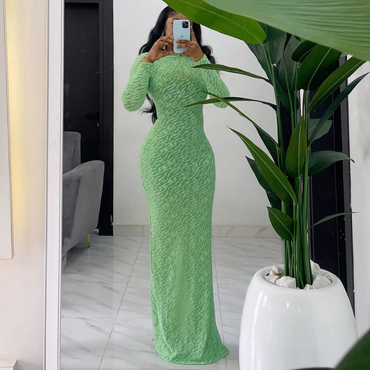 Women's Neck Long Sleeve Flocking Slim Fit Dresses