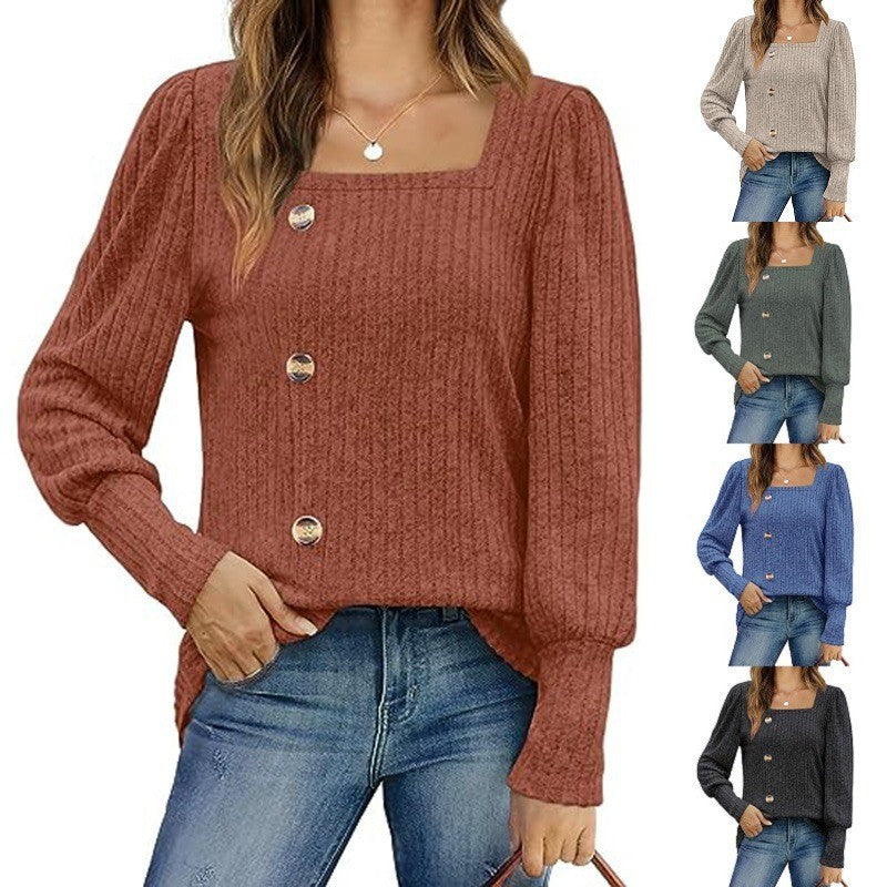 Women's Sunken Stripe Square Collar Bubble Long Sleeve Split Sweater