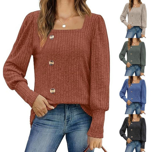 Women's Sunken Stripe Square Collar Bubble Long Sleeve Split Sweater