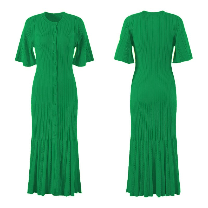 Women's Sleeve Button Slit Knitted Dress Fashion Dresses