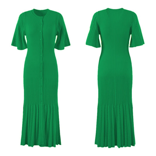Women's Sleeve Button Slit Knitted Dress Fashion Dresses