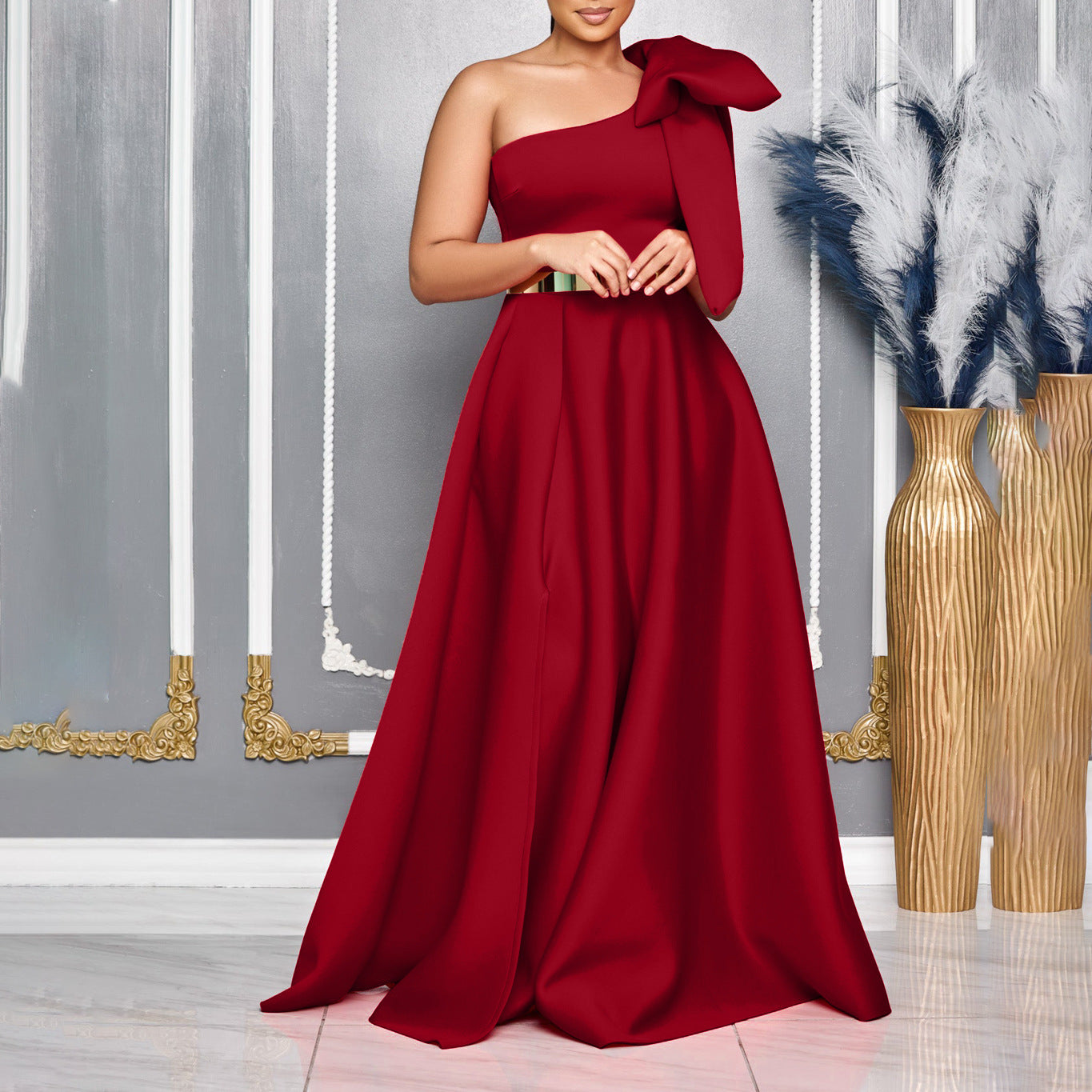 Oblique Shoulder Bow Banquet Formal Long Dress