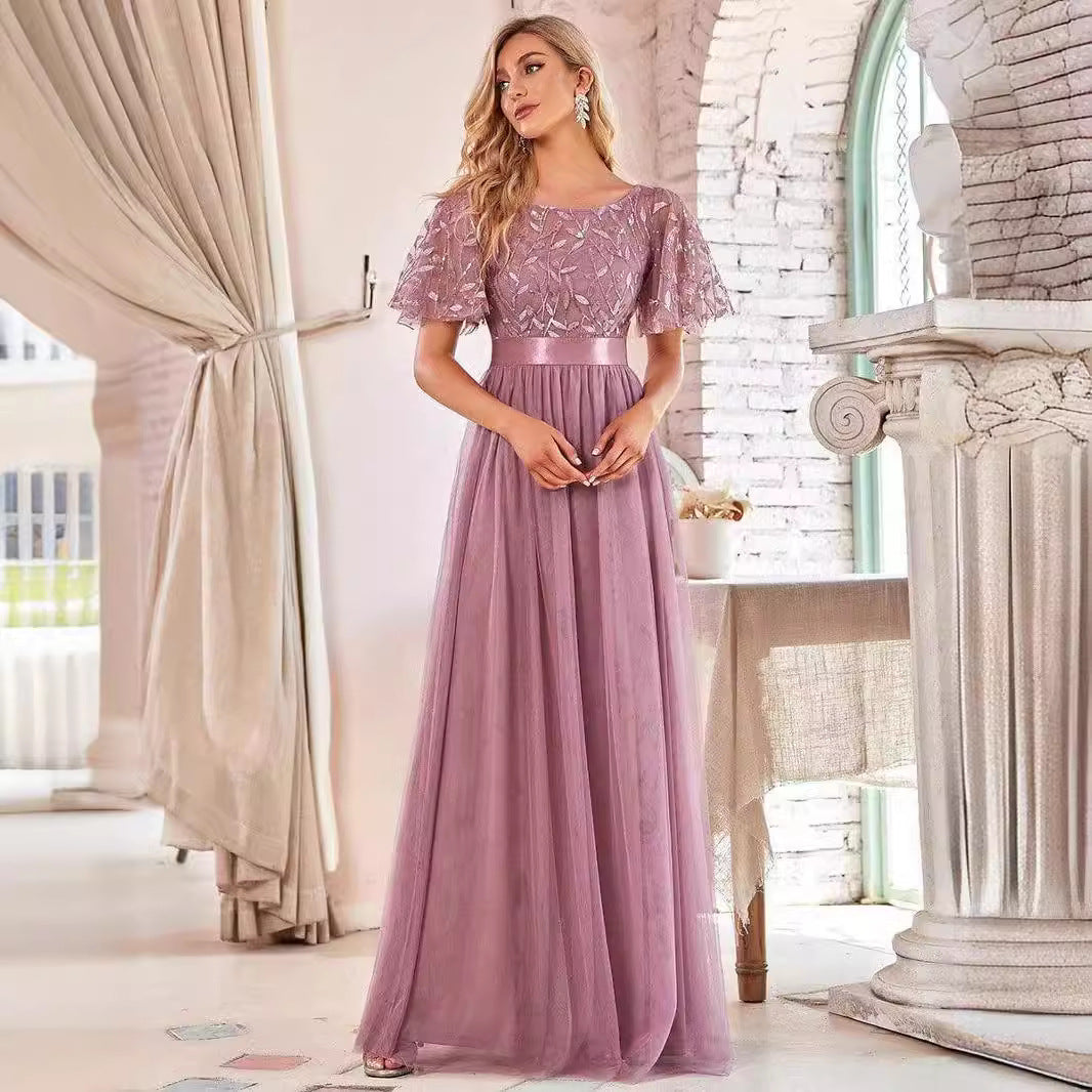 Women's Quality Elastic Waist Patchwork Round Neck Evening Dresses