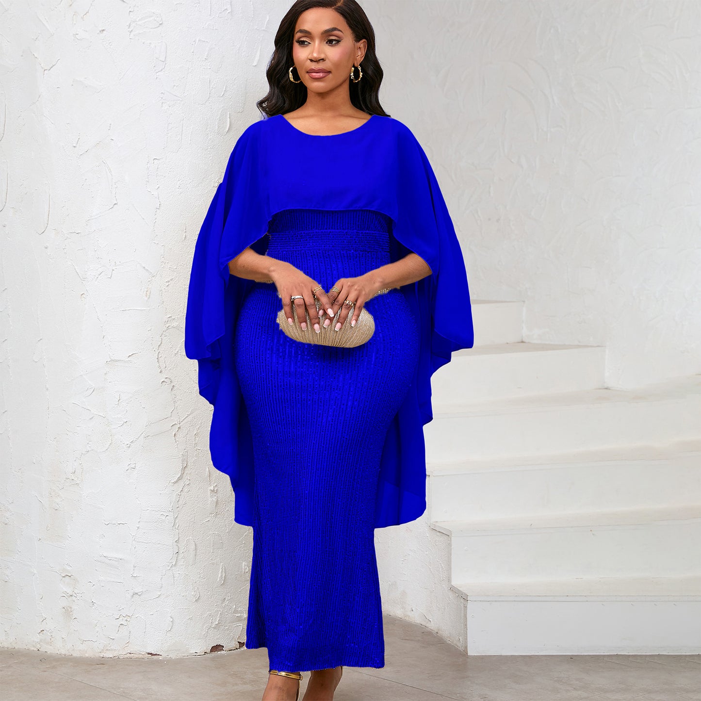 Women's Spring Fashion Chiffon Cape Sequined Sheath Banquet Party Dress