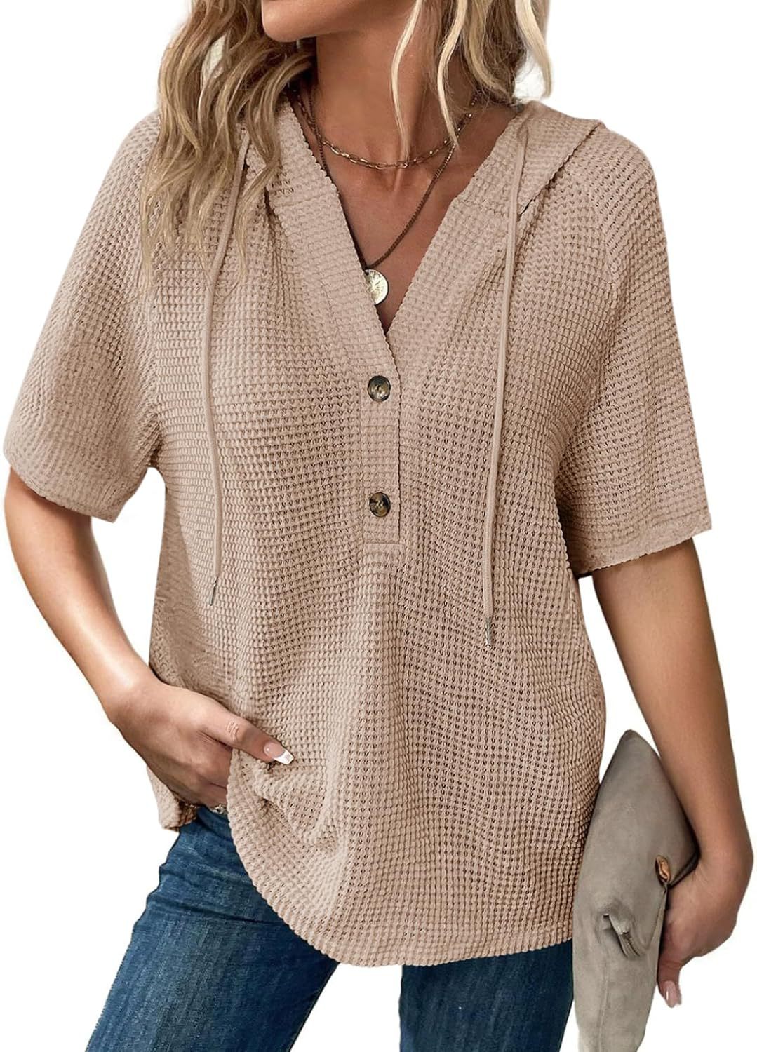 Women's Summer Waffle Knitted Short-sleeved Shirt Lightweight Drawstring Blouses