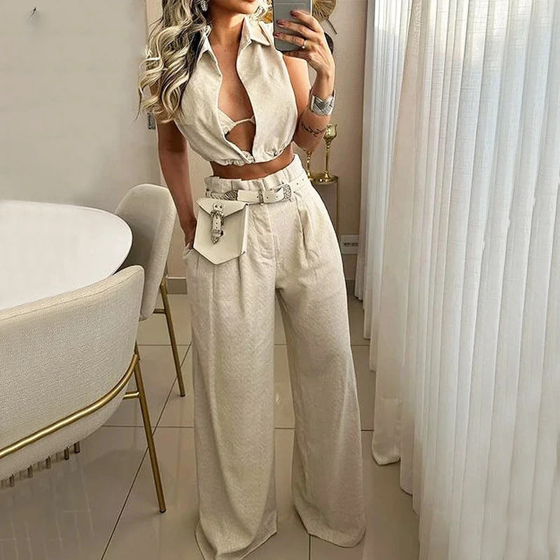 Fashion Casual Sleeveless Two-piece Collar Tether Suits
