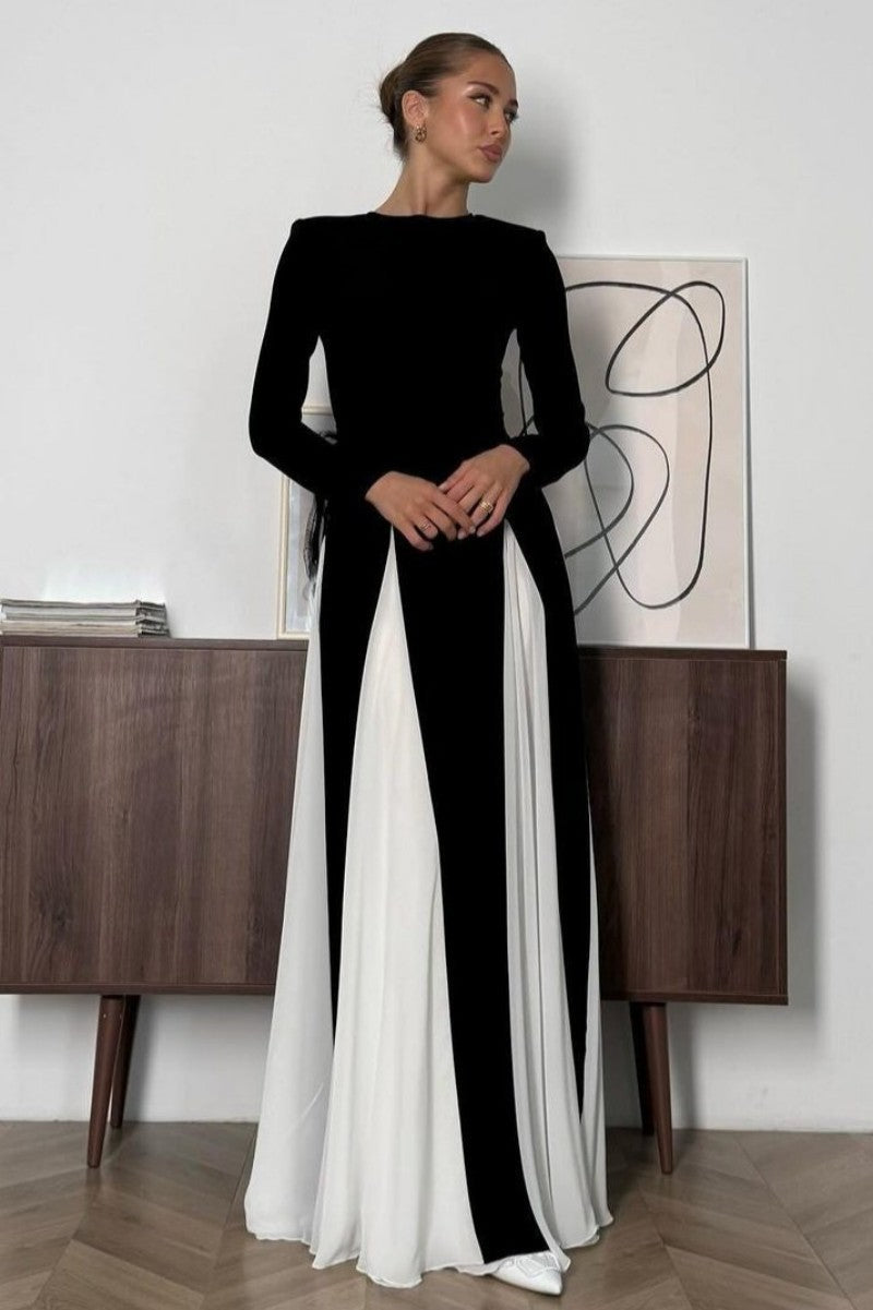 Women's Neck Contrast Color Long Sleeve High Waist Dresses