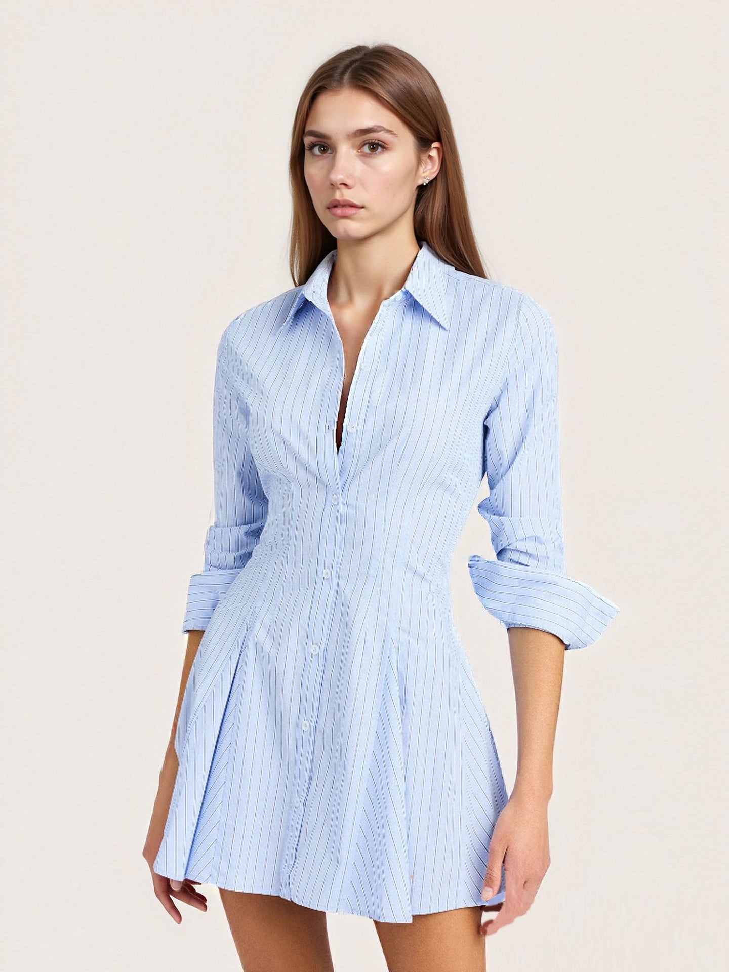Design Three-quarter Sleeve With Pleated Breathable Stripes Dresses