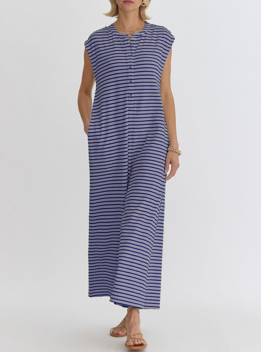 Women's Simple Loose Striped Sleeveless Wide Leg Jumpsuits