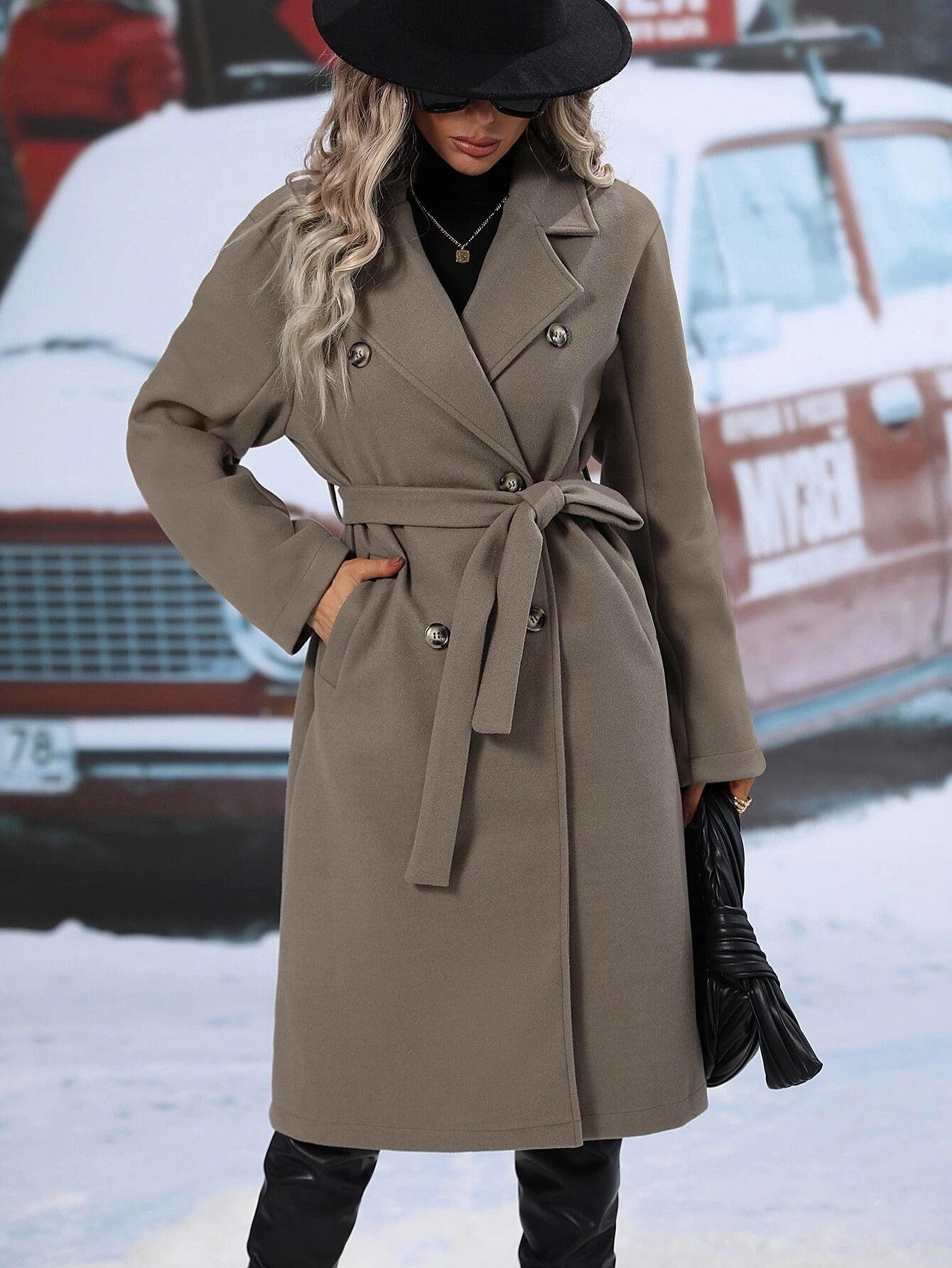 Women's Collar Woolen Double Breasted Overcoat For Coats