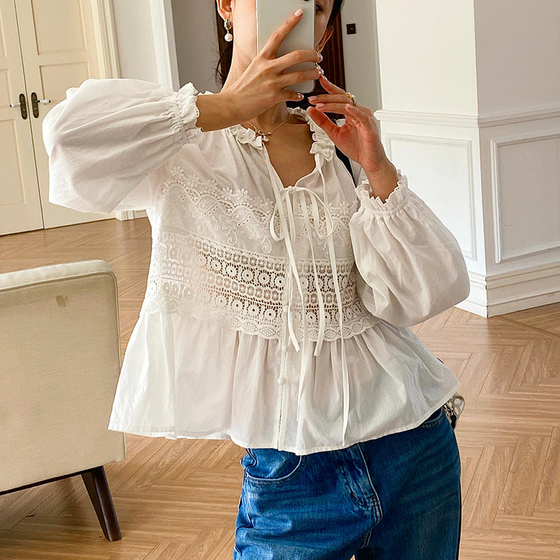 Women's Autumn Lace Shirt French Style Design Long Blouses