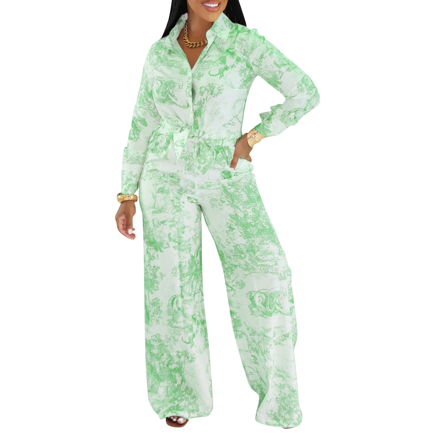 Women's Fashion Casual Long-sleeved Shirt Trousers Two-piece Suits