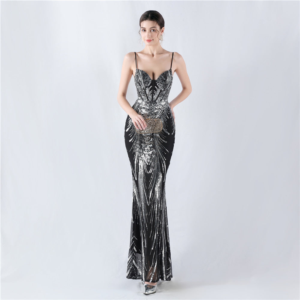 Shaping Waist Fishbone Sequined Positioning Flower Evening Dresses