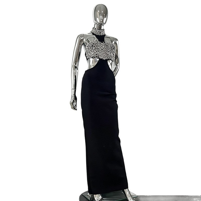 Women's Ball Diamond Halter Sleeveless Black Bandage Slim Dresses