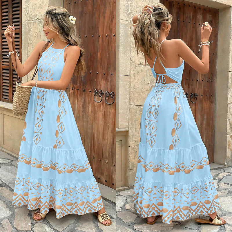 Embroidered Printed Sexy Suspender Elegant Seaside Dress