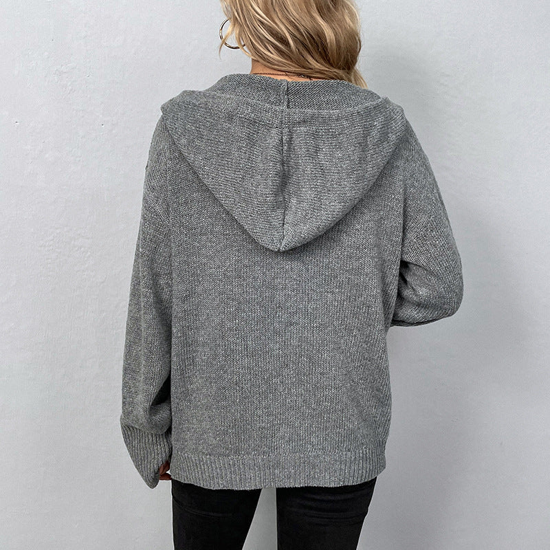 Women's Solid Color Hooded Single-breasted Drawstring Knitted Coats