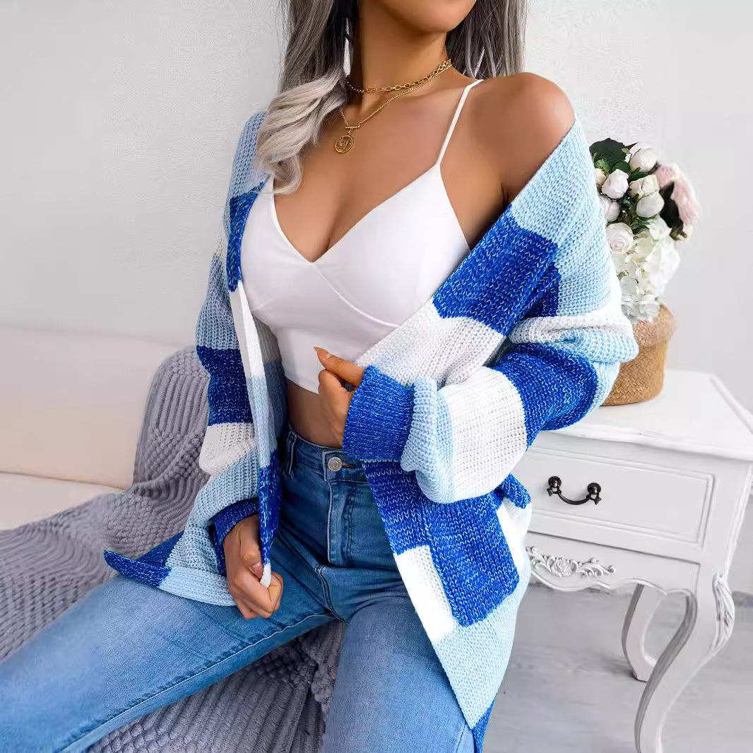 Women's Contrast Color Striped Lantern Sleeve Casual Cardigans
