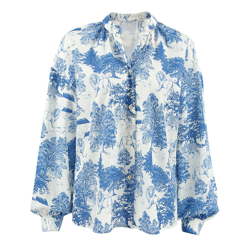 Women's Fashion Stand Collar Long Sleeve Loose Shirt Versatile Casual Blouses