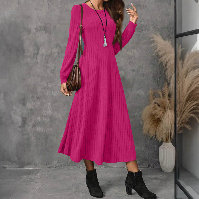 Ladies Fashion Round Neck Long Sleeve Solid Color Casual Sunken Dress