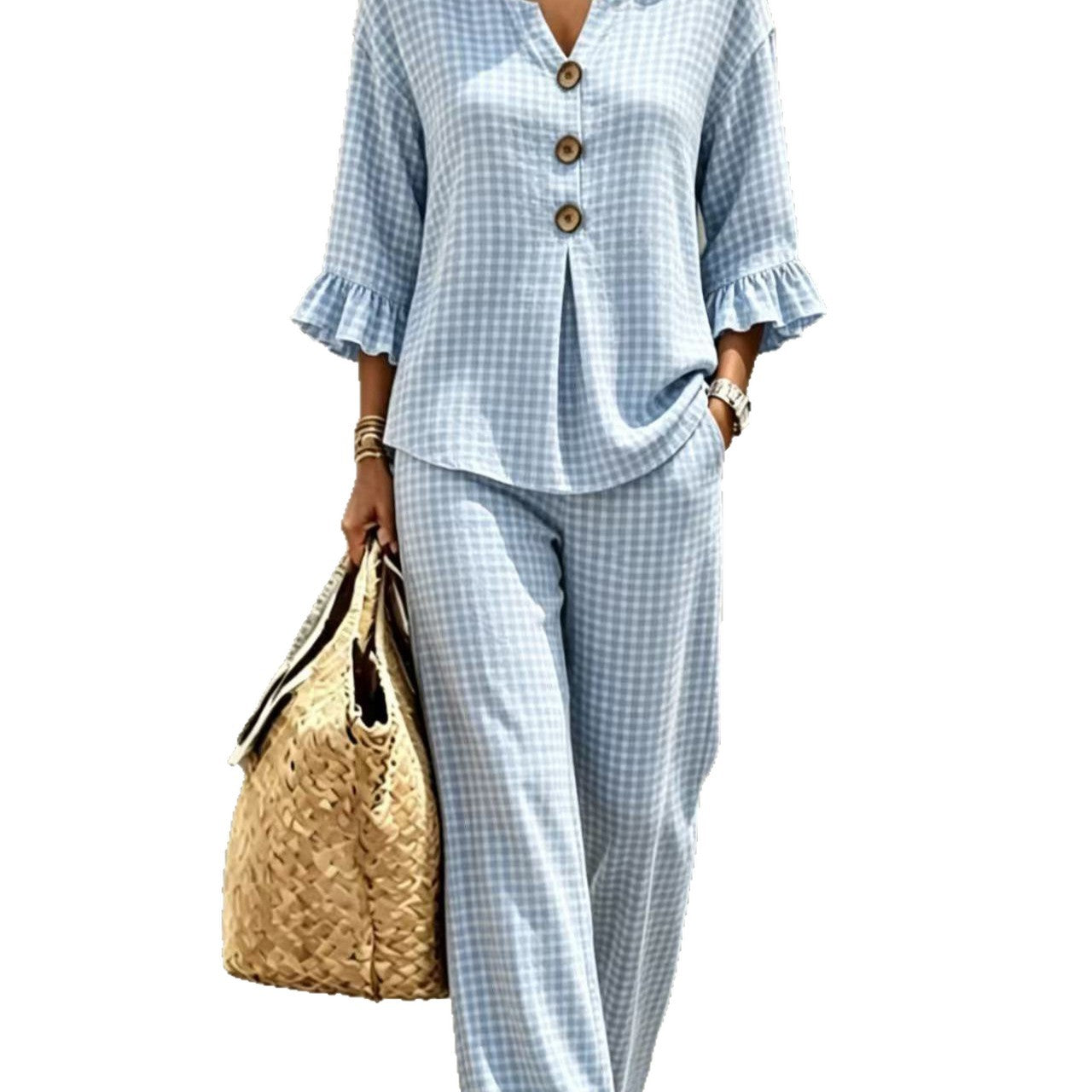 Women's Button Flounce Plaid Sleeve Trousers Tops