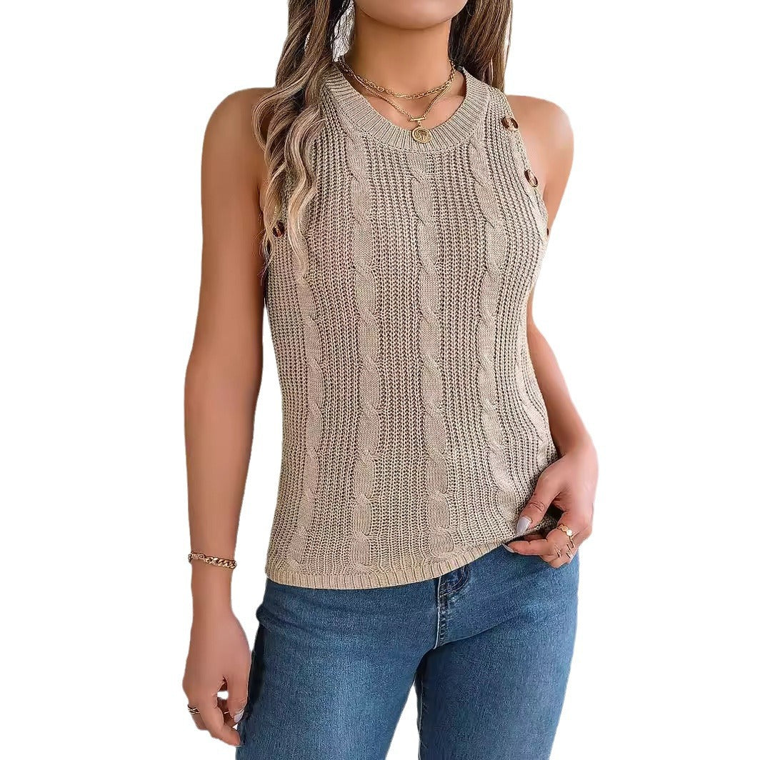 Women's Clearance Summer Solid Color Twist Button Sleeveless Women's Sweater