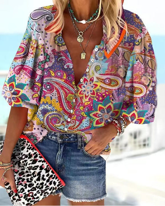 Women's Fashion Summer Stand Collar Loose Button Retro Blouses