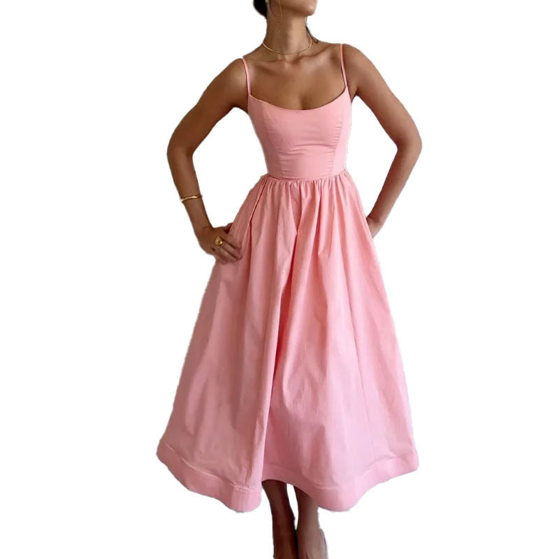 Women's Summer Solid Color Sexy Collar Fitted Waist Dress