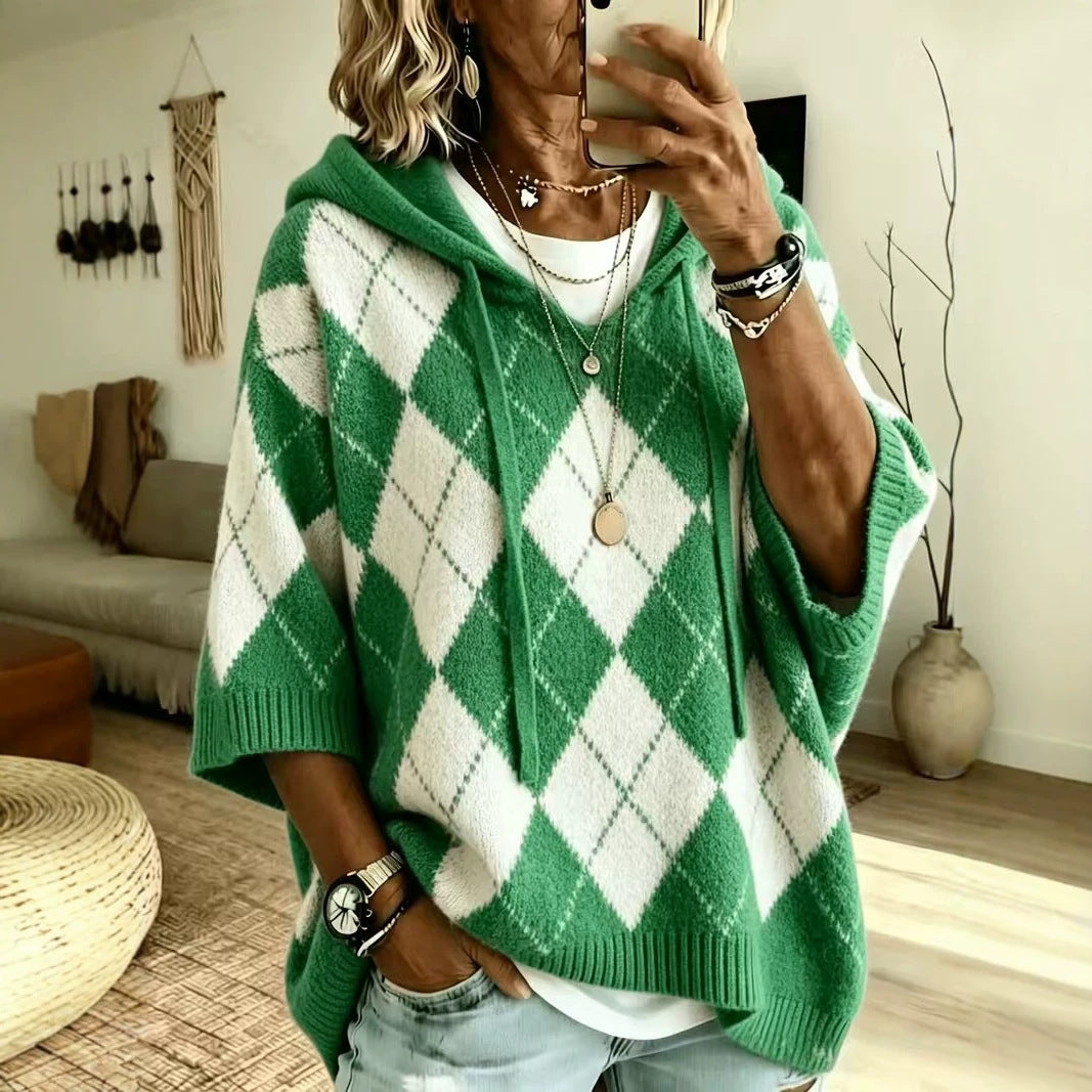 Knitted Plaid Printed Casual Hooded Drawstring Tops