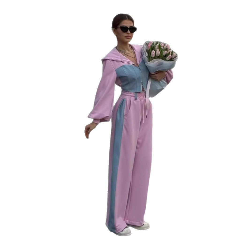 Women's Denim Stitching Hooded High Waist Trousers Fashion Casual Suit