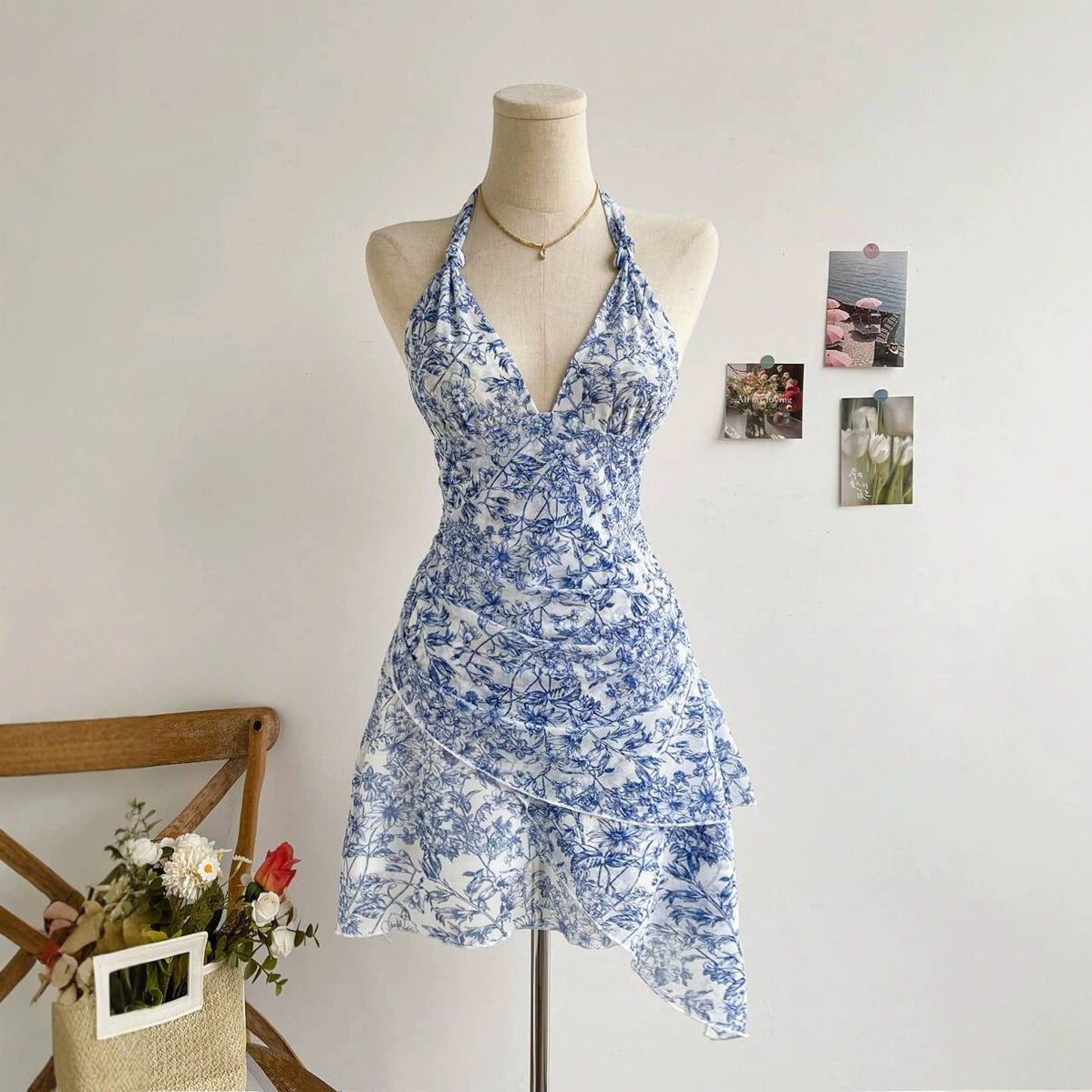Blue Floral Fashion Temperament Leisure Sweet Mesh Dress