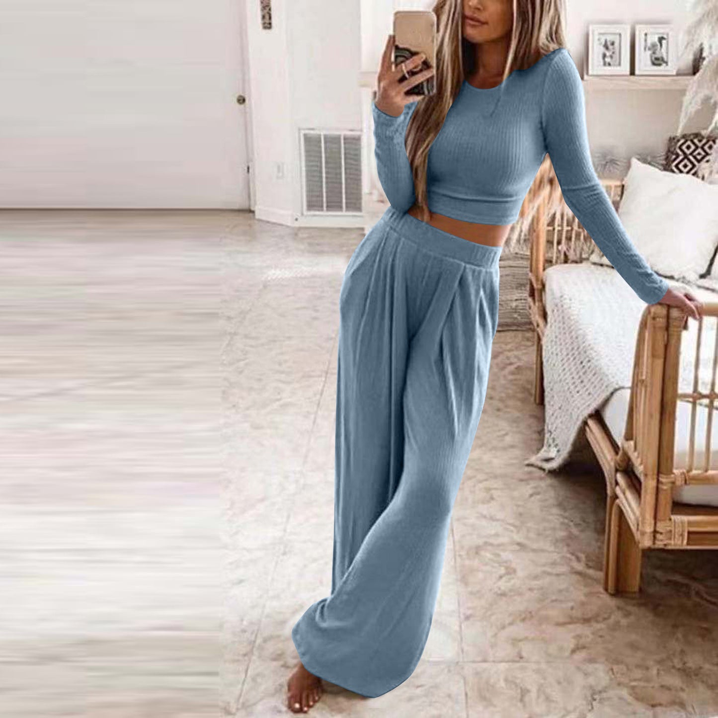 Women's Solid Color Knit Home Two-piece For Suits