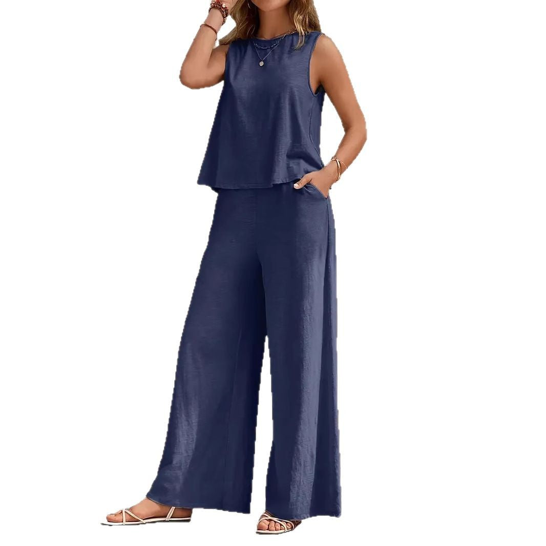 Women's Round Neck Wide Leg Cotton Linen Fashion Casual Suit
