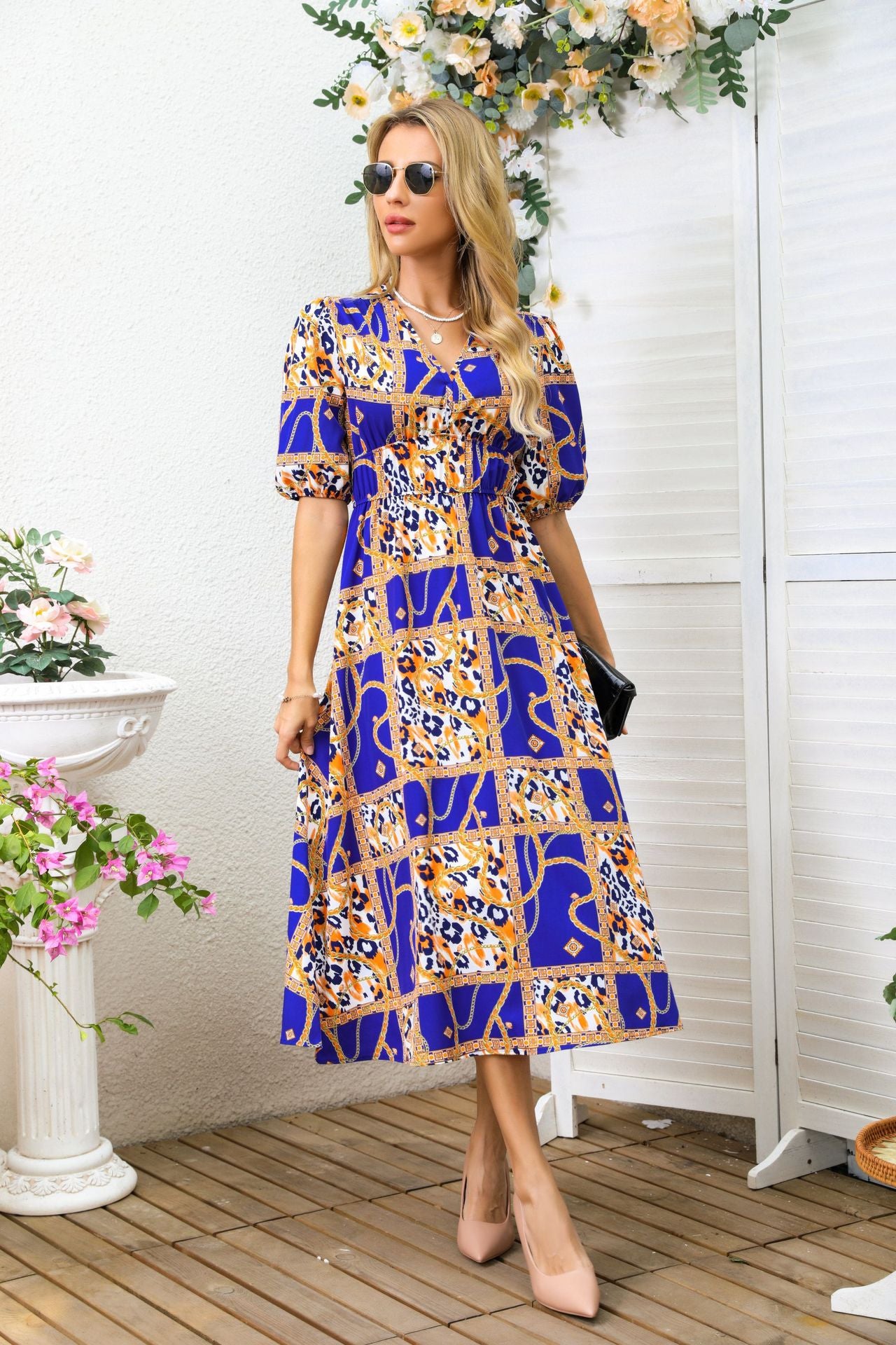 Classy Women's Summer Fashion Printed Waist Dress