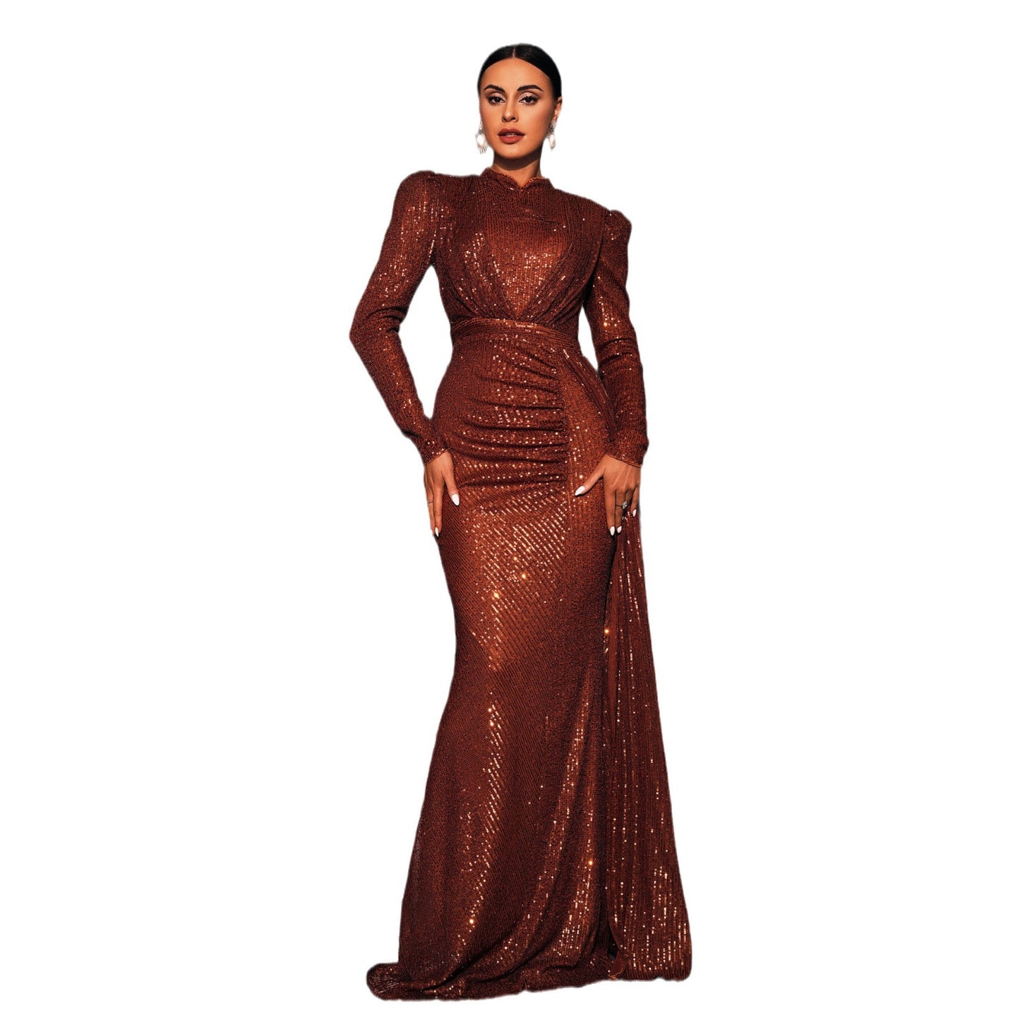 Women's Long Sleeve Temperament Crew Neck Sexy Slim Sequined Dresses