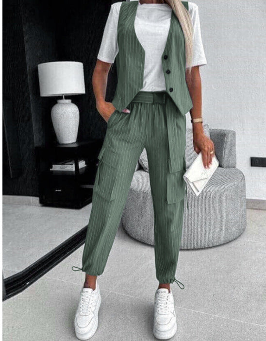 Stylish Classic Women's Printed Sleeveless Trousers Fashion Casual Suit