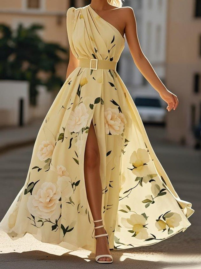 Women's Oblique Shoulder Digital Printing Sleeveless Belt Dresses