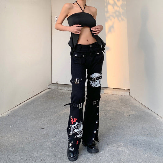 Women's Buckle Printing Color Contrast High Waist Jeans