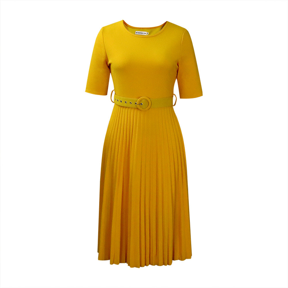 Women's Summer Sleeve High Waist Yellow Pleated Dress