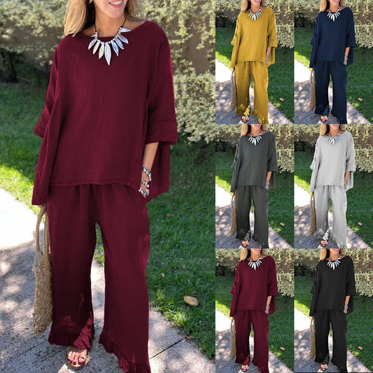 Women's Cotton Linen Solid Color Loose Trousers Fashion Casual Suit