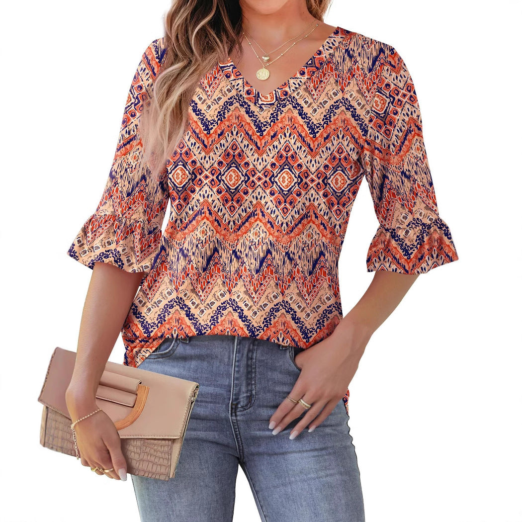 Printed Shirt Floral Flared Half Sleeve Blouses
