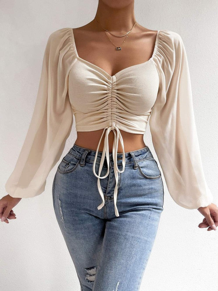 Women's Sexy Stitching Chiffon Drawstring Lantern Sleeve Tops