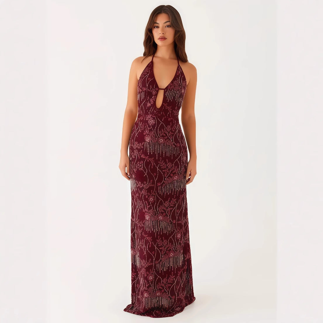 Elegant Backless Sequined Embroidered Halter Style Dresses