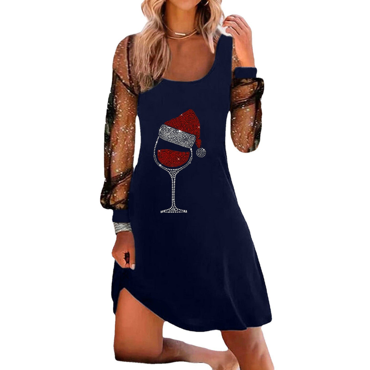 Women's Wine Glass Hot Drilling Upper Clothes Long Sleeves Dress