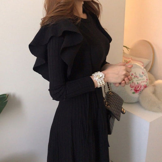 Attractive Elegant Ruffled Knitted Dress Mid-length Dresses