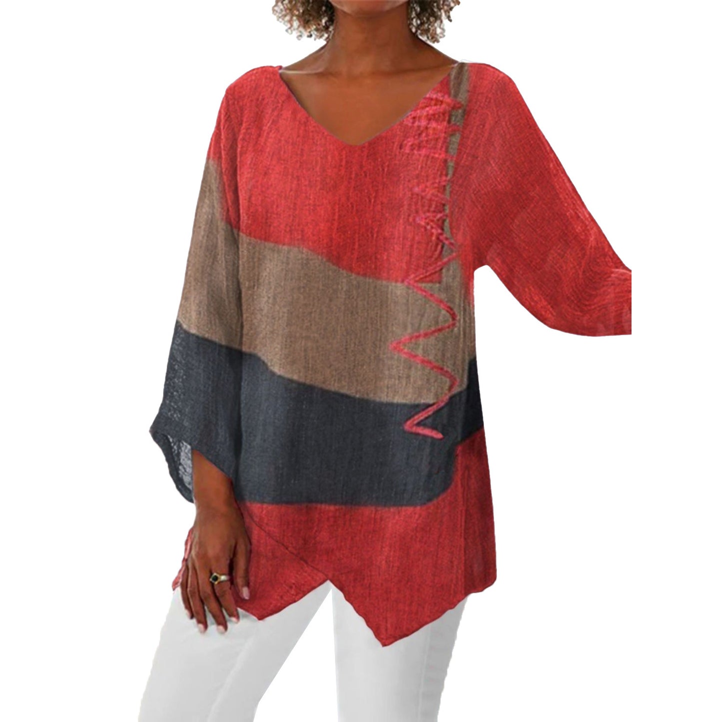 Women's Autumn Casual Loose Irregular Hem Art Print Long Blouses
