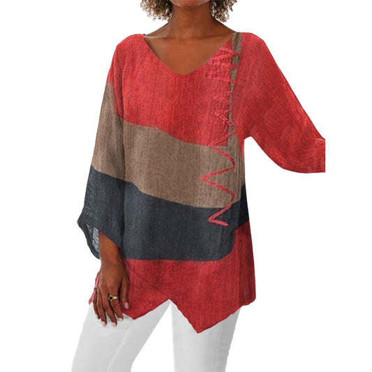 Women's Autumn Casual Loose Irregular Hem Art Print Long Blouses